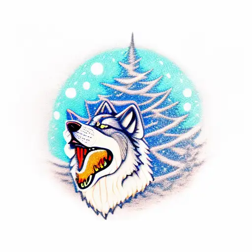 wolf head with blue eyes infront of trees tattoo design idea