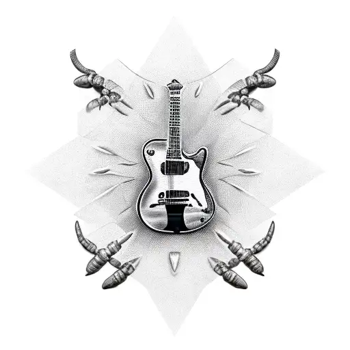A realistic guitar with scorpion-shaped fret markers tattoo design idea