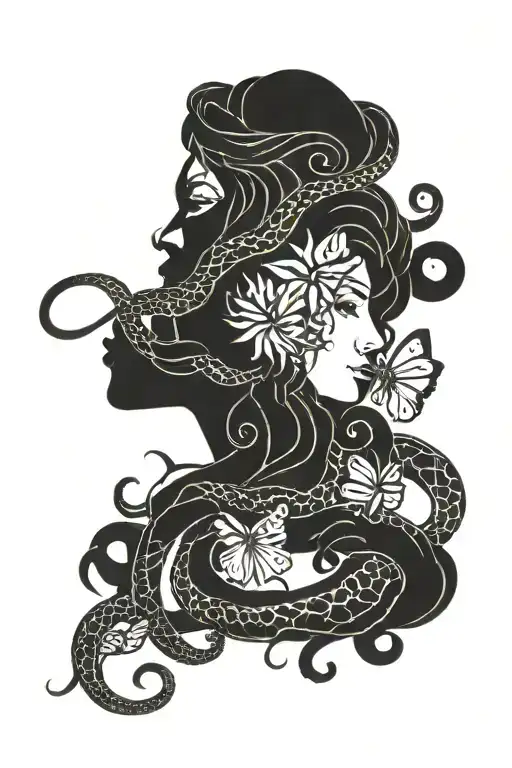 Side profile Medusa snakes butterflies tattoo design idea