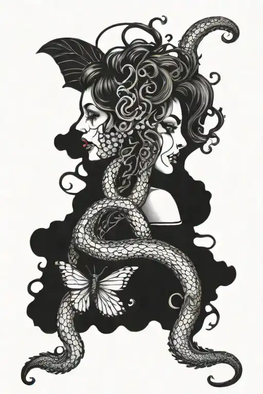 Side profile scary Medusa snakes butterflies tattoo design idea