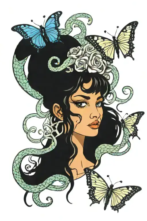 Medusa snakes butterflies tattoo design idea