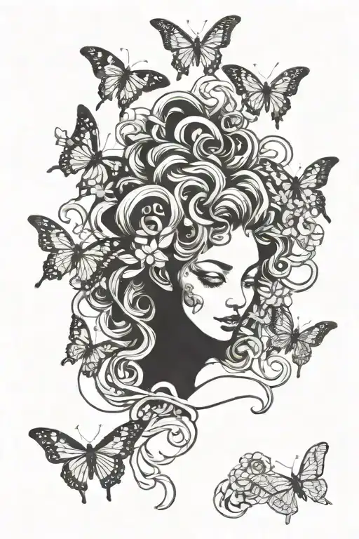 scary Medusa snakes butterflies surrounding tattoo design idea
