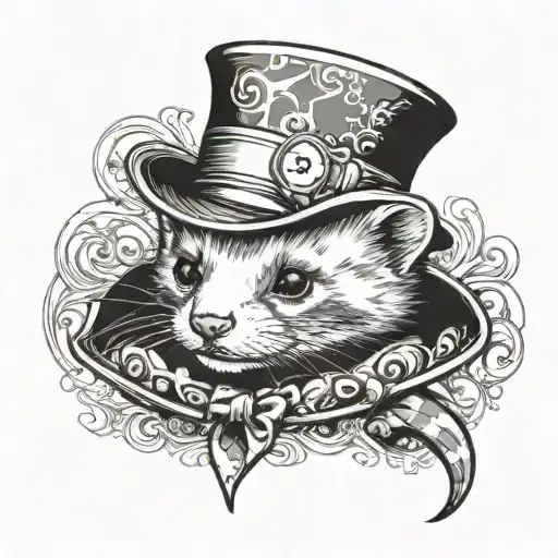 One ferret wearing the Mad Hatter's hat from Alice in Wonderland, looking at us tattoo design idea