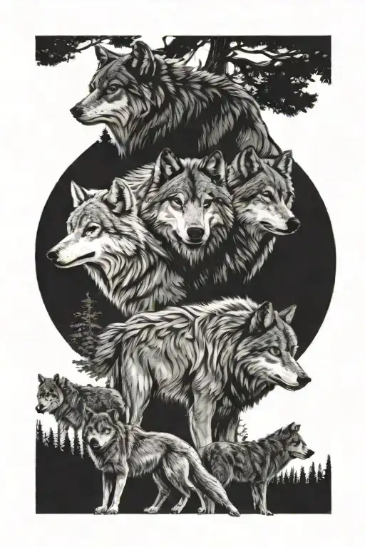 Two adult wolves male and female as well as two young male wolves in a pack with a forest tattoo design idea