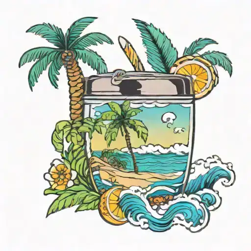 cocktail shaker near waves with palm trees and 143 tattoo design idea