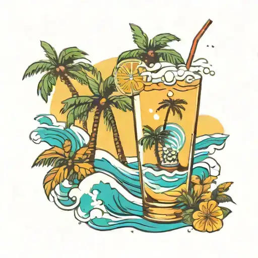 cocktail shaker near waves with palm trees and 143 tattoo design idea