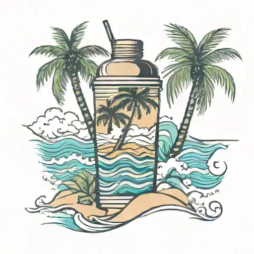cocktail shaker near waves with palm trees and 143 tattoo design idea