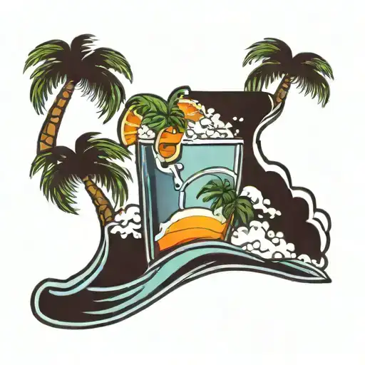 cocktail shaker pouring out a wave with palm trees  tattoo design idea