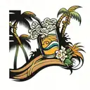 cocktail shaker pouring out a wave with palm trees  tattoo design idea