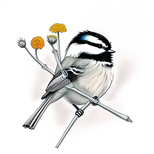 chickadee with cosmos and marigolds tattoo design idea