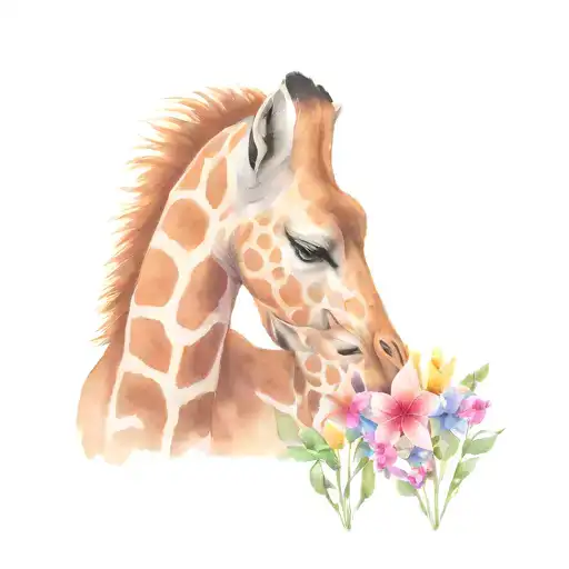 A mother and baby giraffe rub noses surrounded by flowers  tattoo design idea