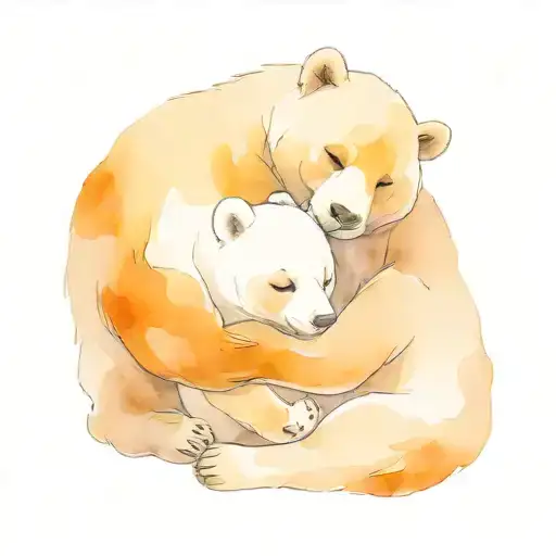 Mother brown bear hugs Father polar bear.  two baby panda bears are next to them.  they are a family.   tattoo design idea