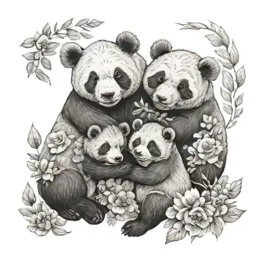 two adult brown bears hug two baby panda bears, flowers and leaves around them  tattoo design idea