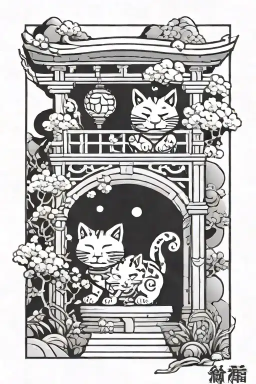 maneki neko and tori gate tattoo design idea