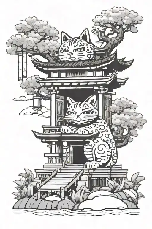 maneki neko and tori gate tattoo design idea