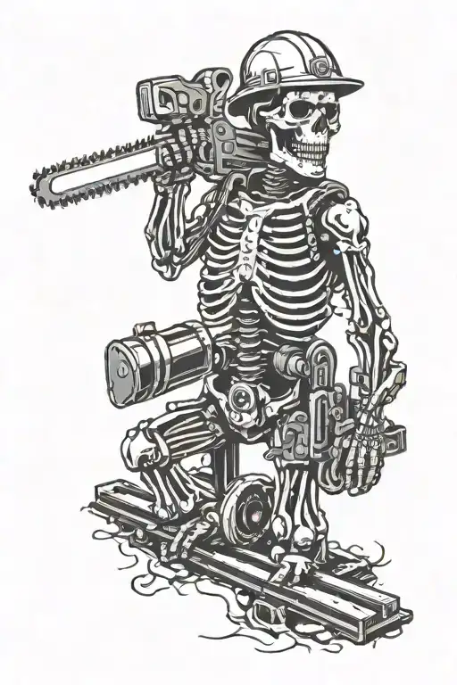 skeleton with hard hat holding chainsaw tattoo design idea