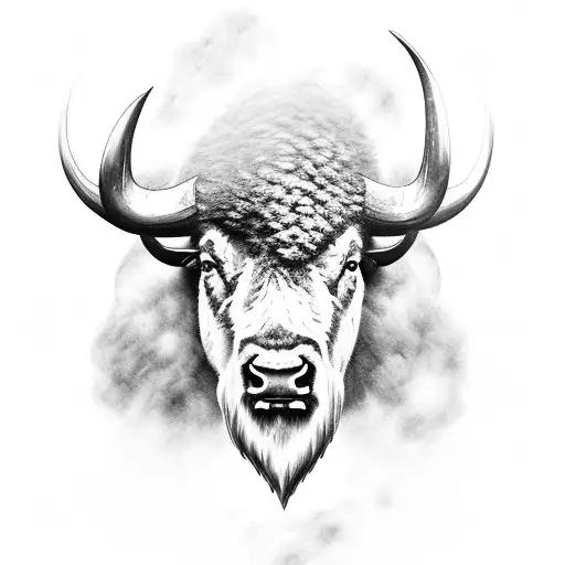 A majestic buffalo surrounded by a powerful storm, symbolizing resilience and overcoming challenges tattoo design idea