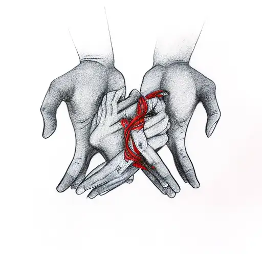 Two hands touching each other with red thread and the words 'dont you wake me, I wanna stay in this dream' tattoo design idea