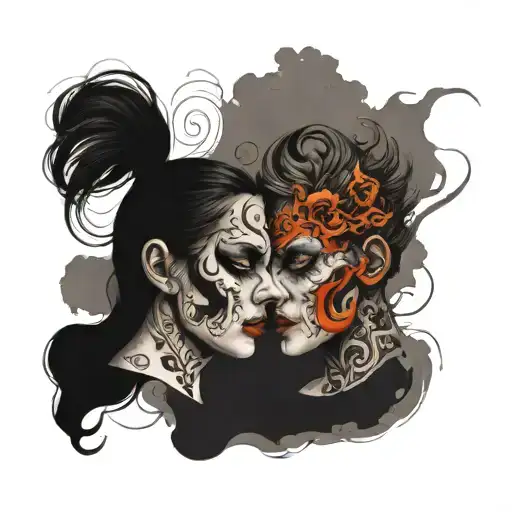 2 faces/souls together faces dancing in the middle of nowhere were enough to be two to see the tide that comes and goes tattoo design idea