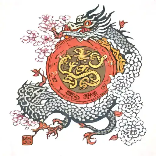A dragon with japanese characters flying around a cherry blossom tree tattoo design idea