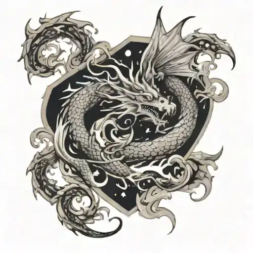 A dragon breathing out cosmic shapes and patterns tattoo design idea