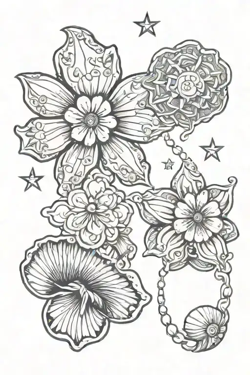 seashell transforming daisy flower bell and star sign tattoo design idea