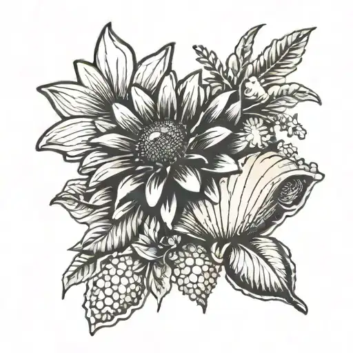 gerber daisy, seashell, bell, 7 point star tattoo design idea