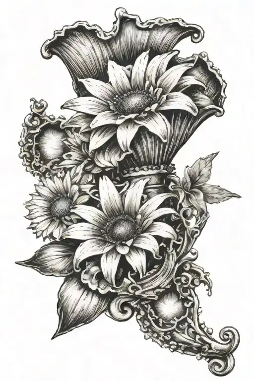seashell transforming gerber daisy and a bell and star sign tattoo design idea