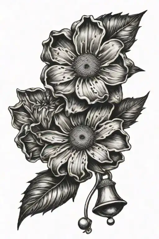 seashell gerber daisy and a bell and star sign intertwined tattoo design idea