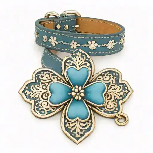 leather blue dog collar with paw prints and a knitwear four leaf clover charm tattoo design idea
