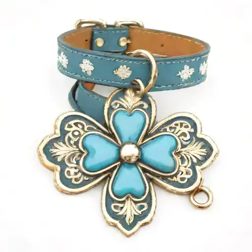 leather blue dog collar with paw prints and a knitwear four leaf clover charm tattoo design idea