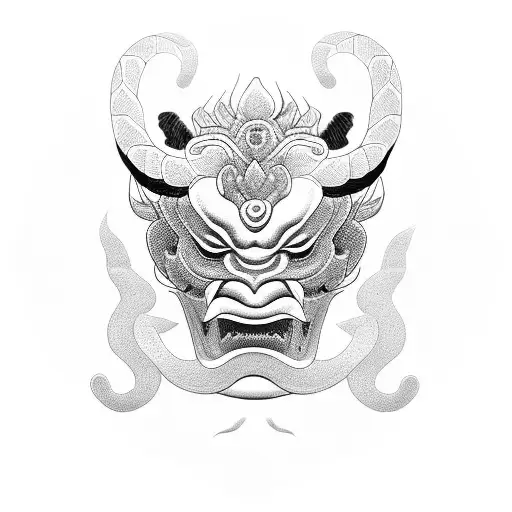 Oni mask with snake and lotus flowers tattoo design idea