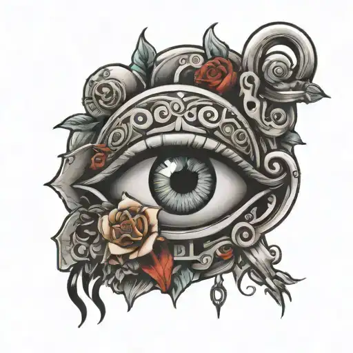 eye, padlock, and a shake hands surrounded tattoo design idea