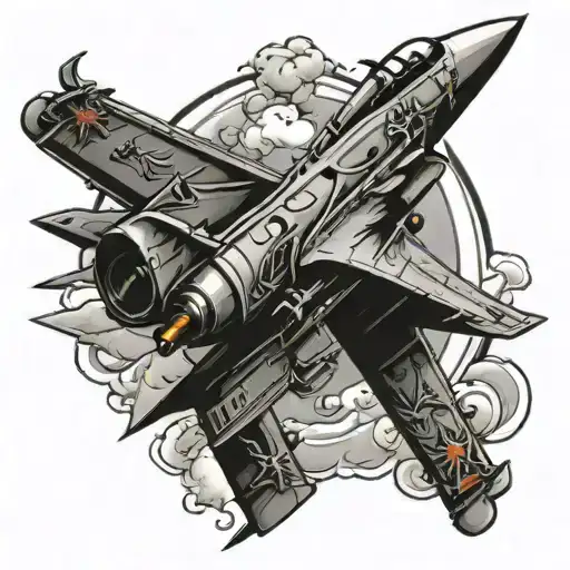 Train with a fighter jet plane in his shadow tattoo design idea