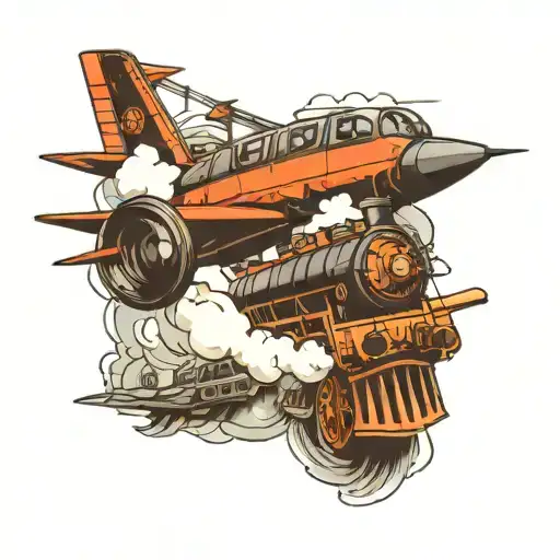 Steam train and a fighter jet plane flying tattoo design idea