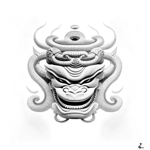 Japanese Oni mask with snake and flowers. Black and grey ink tattoo design idea