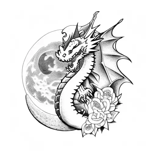 cute dragon with flowers and the moon tattoo design idea