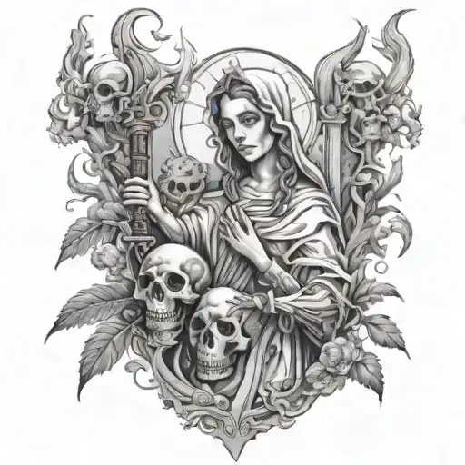 The Virgin Mary holding a skull in one hand and a flaming sword in the other, surrounded by mythology creatures tattoo design idea