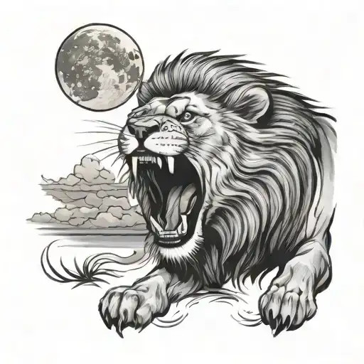 A lion roaring under a full moon during a late night drive tattoo design idea