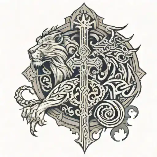 A tribal patterned cross with a lion and a dragon intertwined, symbolizing strength and faith tattoo design idea