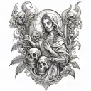 The Virgin Mary holding a skull in one hand and a flaming sword in the other, surrounded by mythology creatures tattoo design idea