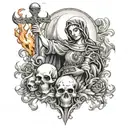 The Virgin Mary holding a skull in one hand and a flaming sword in the other, surrounded by mythology creatures tattoo design idea