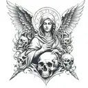 The Virgin Mary holding a skull in one hand and a flaming sword in the other, surrounded by mythology creatures tattoo design idea