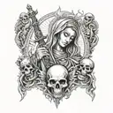 The Virgin Mary holding a skull in one hand and a flaming sword in the other, surrounded by mythology creatures tattoo design idea
