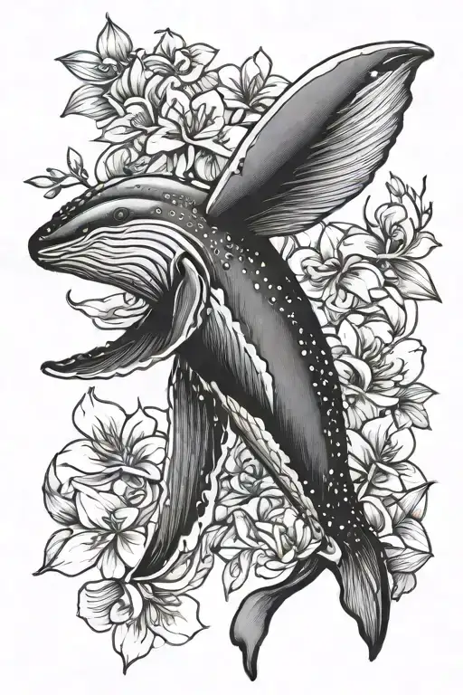 humpback whale with Japanese magnolia flowers tattoo design idea