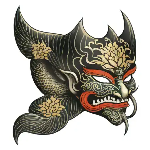 Japanese hanya mask with lotus flower and serpent wrapped tattoo design idea