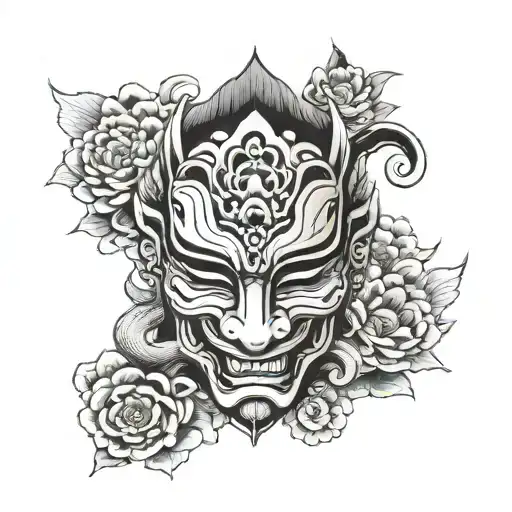 Neotraditional tattoo design of Japanese hanya mask with lotus flower and serpent tattoo design idea
