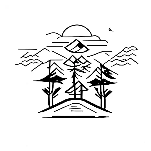 two pine trees on the right with a river on the left and two birds flying above it  tattoo design idea