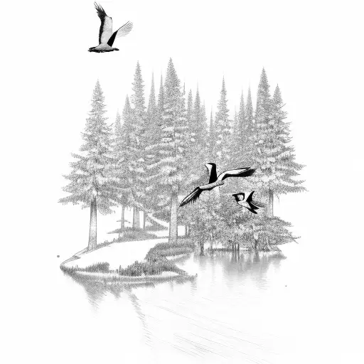 two pine trees on the right with a river on the left and two birds flying above it  tattoo design idea