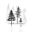 two pine trees on the right with a river on the left and two birds flying above it  tattoo design idea